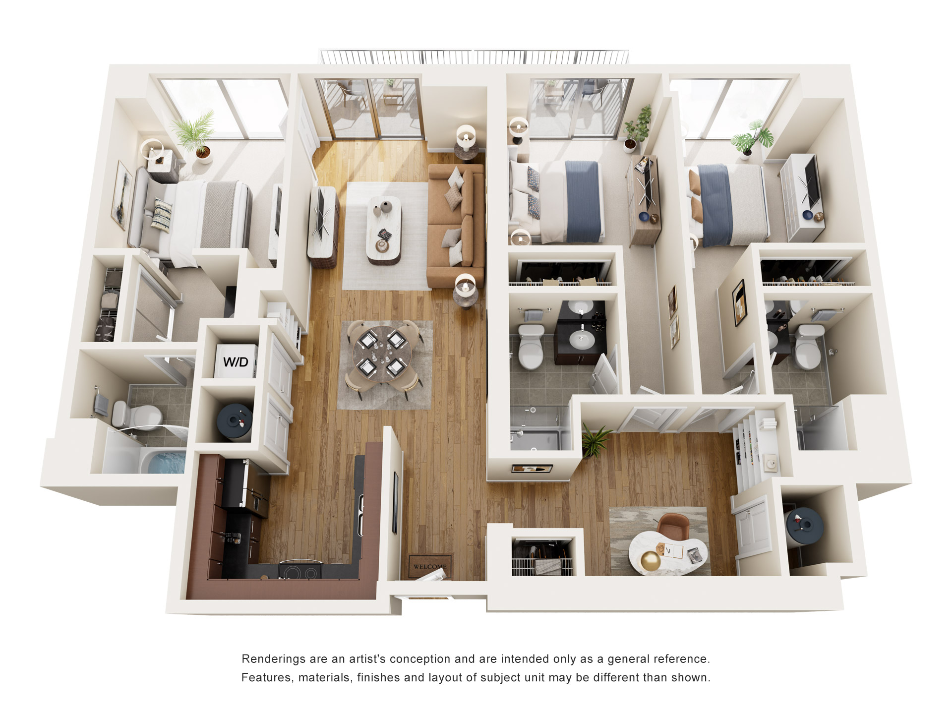 Floor plan for 3 beds, 3 baths, 1357 sqft